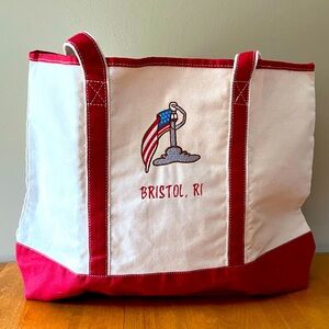 Canvas tote. Natural /red trim. 15"x22" Embroidery ( Bristol, RI / Flag)